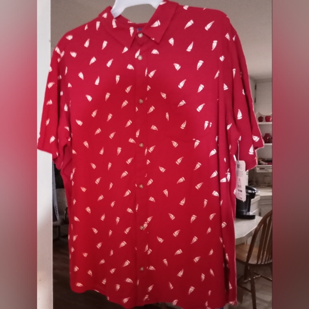 New Mens George 3XL (54-55) Red w/White Sail Boats Button-Up Short Sleeved Shirt